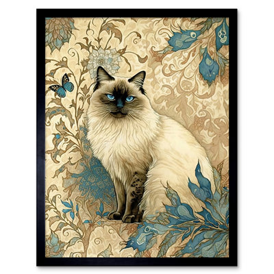 Blue Point Ragdoll Cat with Teal Plants Nouveau Watercolour 1 Piece Single Picture Frame Wall Art