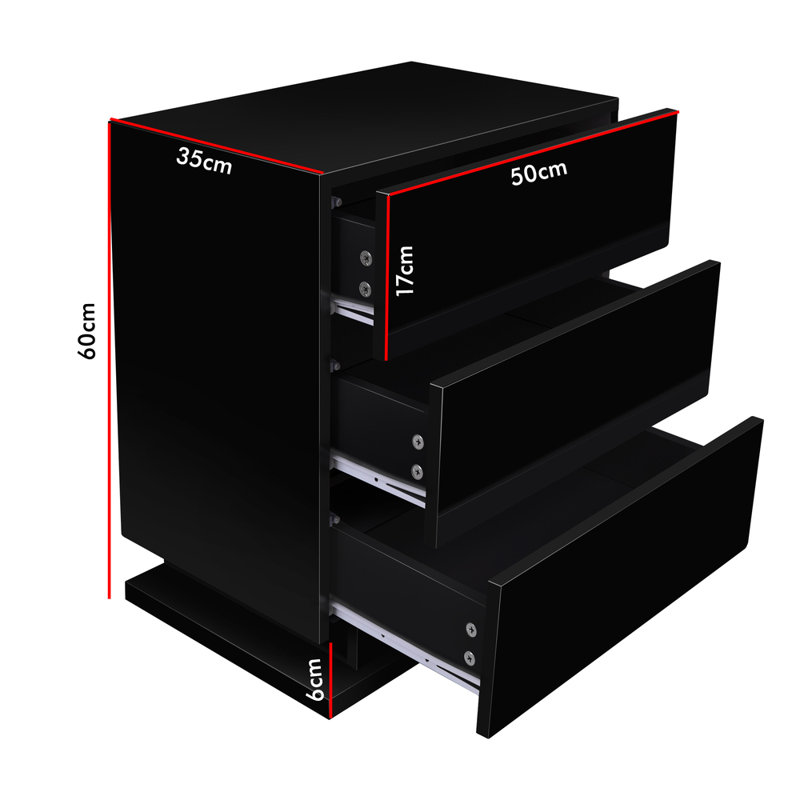 Misiak 3 Drawer Bedside Table, Black