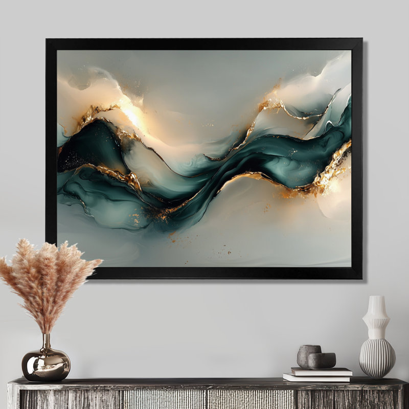 Marbre émeraude fractal, vagues océaniques II - art abstrait sur toile marbrée, Cadre simple, Noir, H 12 po x l 20 po