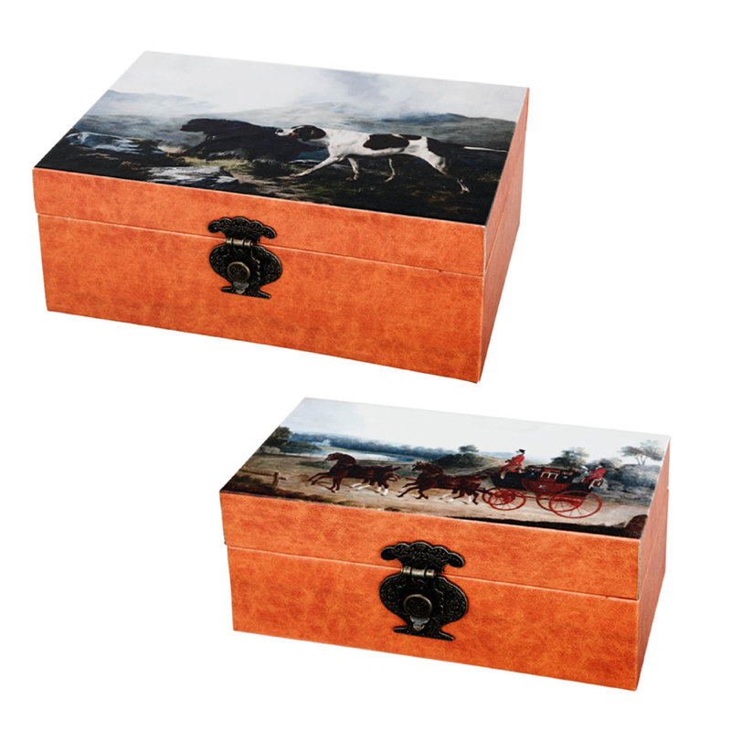 Ensemble de 2 boîtes de rangement, imprimé chiens de chasse et calèche, brun