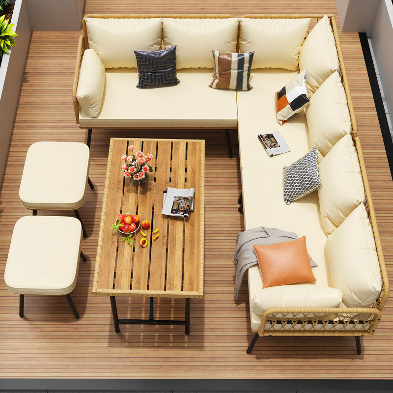 Boho Wicker Rattan Patio Sofa Set–6-Piece L-Shaped Sectional with Detachable Modern Urban Style Cushions&Dining Table–All-Weather Outdoor Conversation Set– Backyard, Balcony, Deck–Beige Rattan