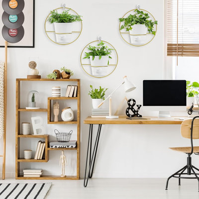 Set Of 3 Self-watering Wall Planters – 5" White Hanging Pots With Gold Round Geometric Metal Holders, Modern Wall-mounted Flower Pots For Indoor Plants & Home Décor