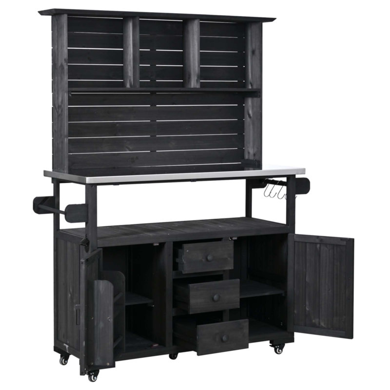 65''H Large Garden Storage Potting Bench With Lockable Wheels, Black