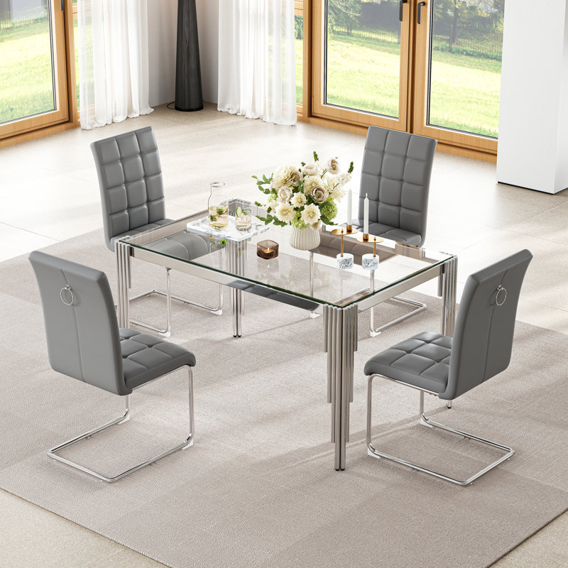 Modern Glass Dining Table Set Of 5, 52.76" Rectangular Tempered Glass Top, Polished Irregular Round Tube Stainless Steel Legs, 4 PU Leather Suspended Stainless Steel Frame Dining Chairs