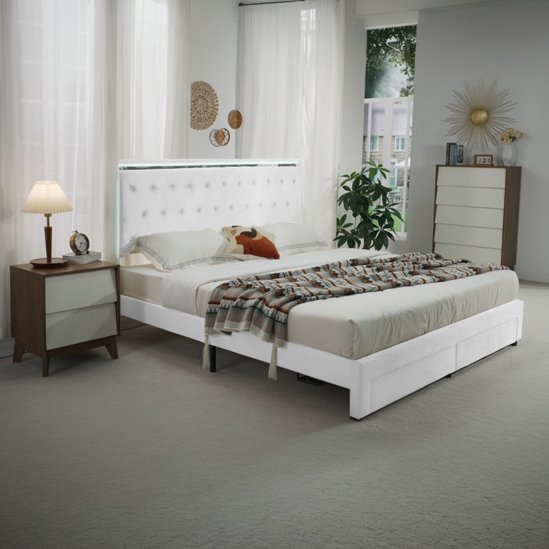 Chantaya Upholstered Platform Storage Bed, White, Queen
