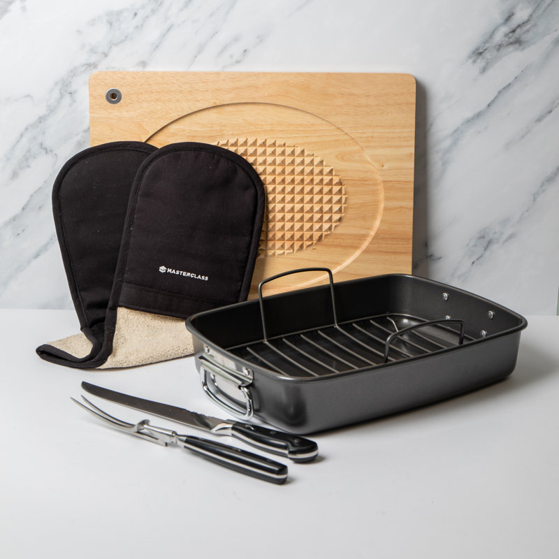 5pc Roasting Set, Roasting Tin & Rack, Carving Fork & Knife, Carving Board, Oven Glove