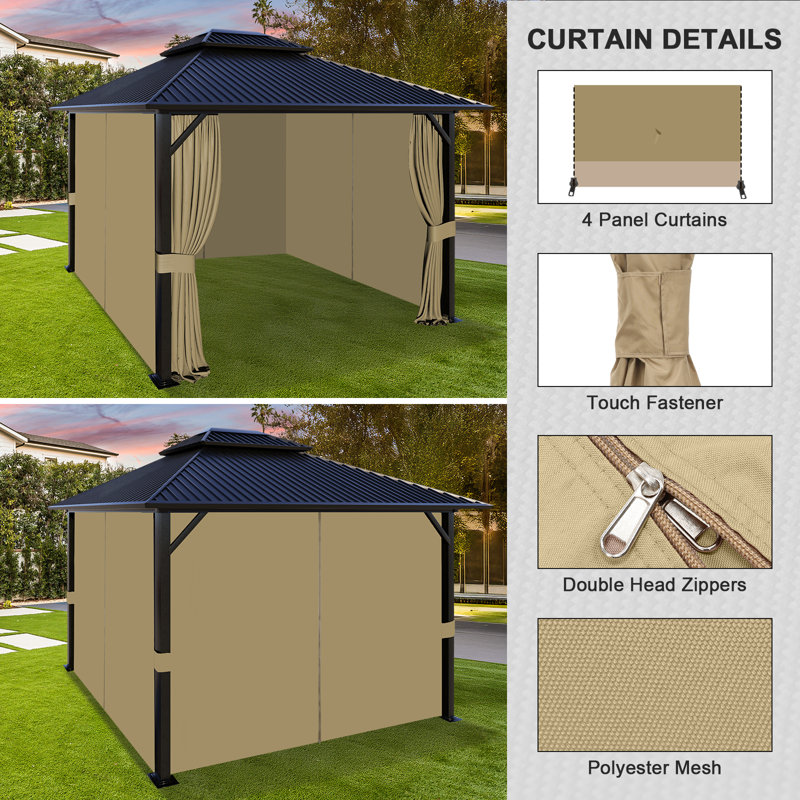Aoodor Replacement 4-Panel Gazebo Sidewall Curtains, 82.7" H x 120" W x 120" D, Khaki