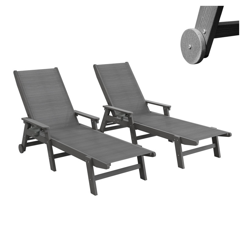 Ensemble de 2 chaises longues d'extérieur en PEHD gris foncé - Chaise de patio roulante durable, Gris foncé, 2