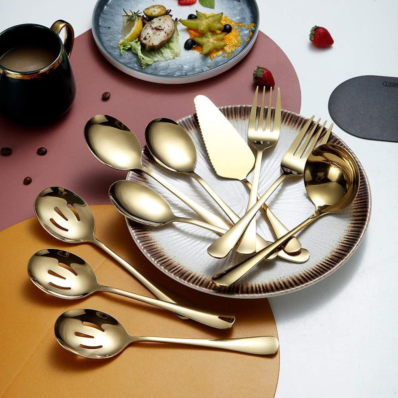 Ensemble d'ustensiles de service 10 pièces en acier inoxydable - comprenant une cuillère à rainure, une cuillère de service, une desserte à gâteaux, une fourchette et une louche à soupe - Couverts élégants pour les repas et les réceptions