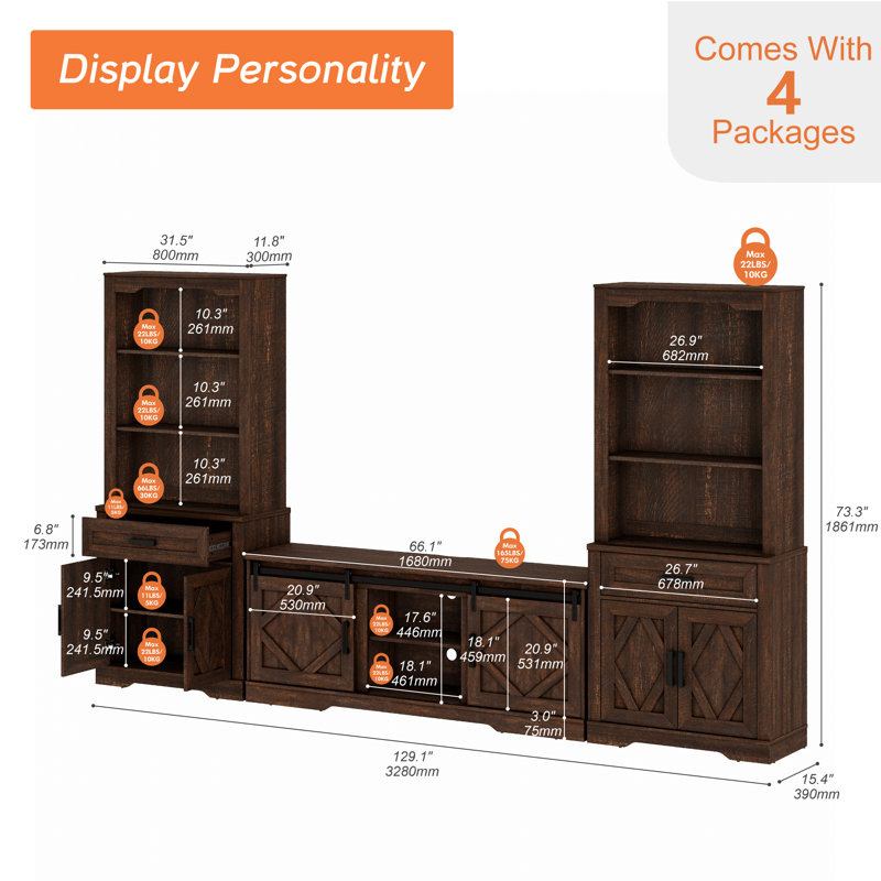 Farmhouse Mid-Century Modern TV Stand, Entertainment Center For 75" TV, 73"H 5-Tier Tall Bookcase, Open Storage & Barn Doors For Living Room, Bedroom, Brown