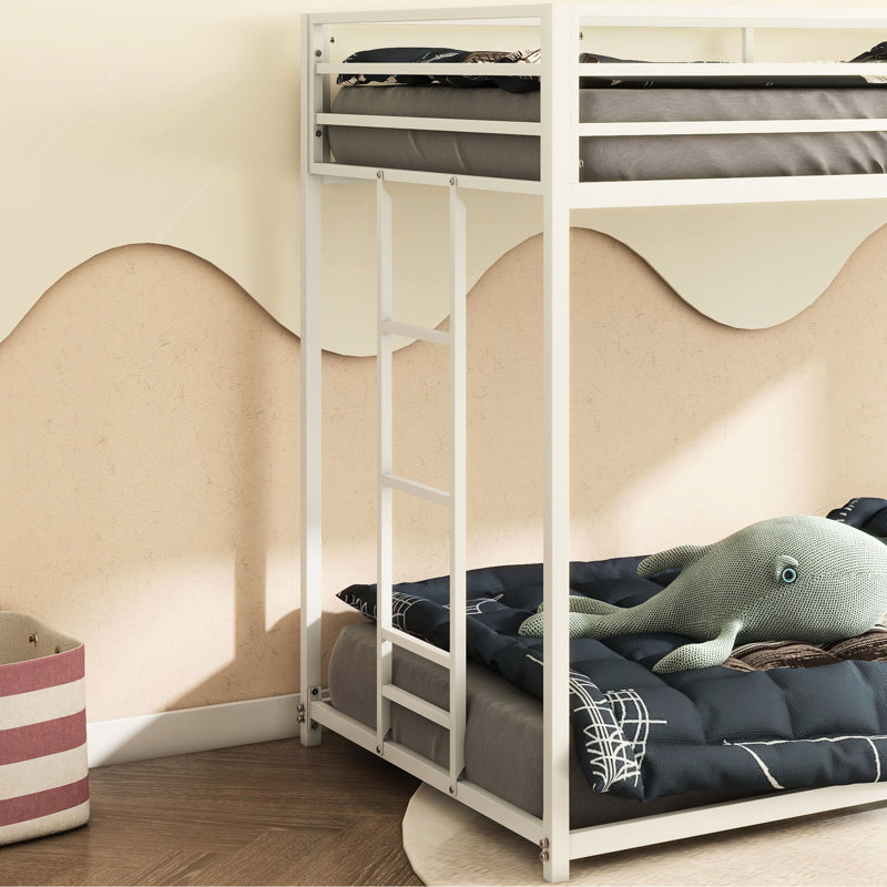 White Twin Over Metal Bunk Bed, Frame, Features, No Box Spring, Fits Mattresses Of Correct Dimensions Bed Support, Stable , Reinforced Guardrails, Fast Installation