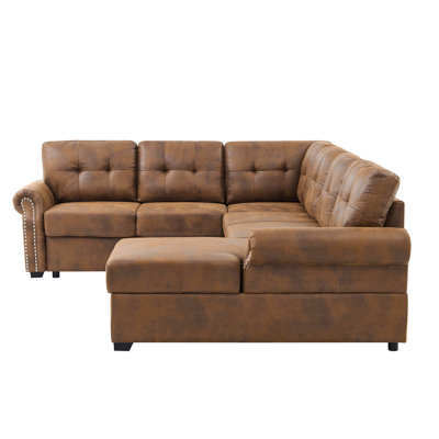 U-shape Sectional Sleeper Made Of Brown Faux Leather With Storage Chaise, Easily Convertible To Bed, For A Sophisticated Look, Space Integration, Simple Assembly Without Extra Tools, 113.03 In Depth,