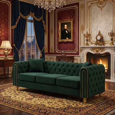 Velvet Chesterfield Sofa with Rolled Arms and Gold Accents