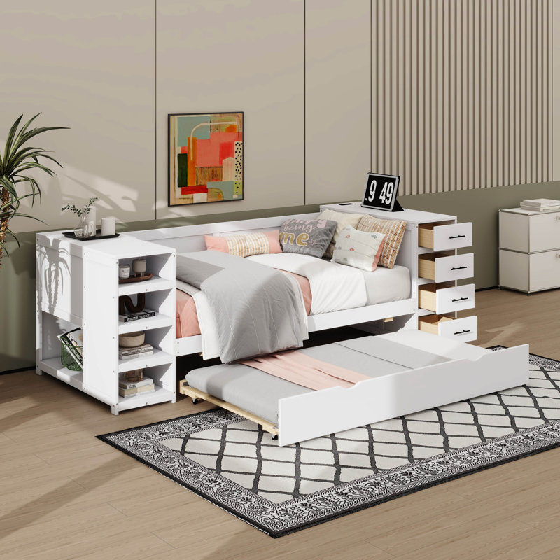 Lit de jour simple en bois avec lit gigogne, tablettes latérales, tiroirs et bureau de chambre polyvalent avec station de charge