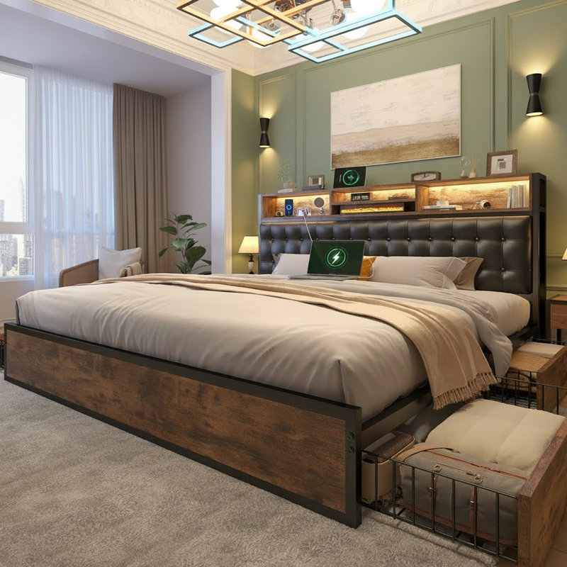 Storage King Bed Frame With Led Headboard & Charging Station, 4-drawer Platform Bed With Quiet Support, King, Yes