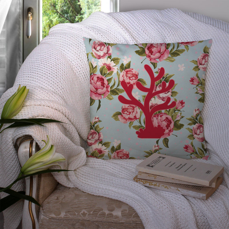 Coussin décoratif intérieur/extérieur bleu beige corail shabby, H 14 po x l 14 po x P 4 po