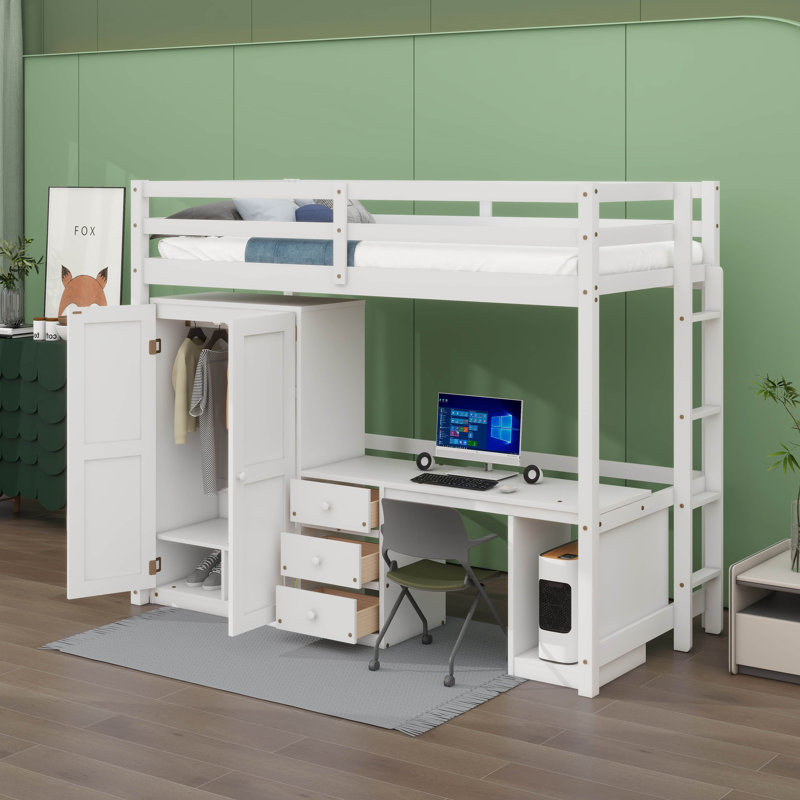 Lit mezzanine avec garde-robe, bureau et tiroirs de rangement, Simple, Blanc