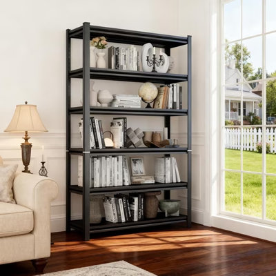 6 Tier Metal Bookshelf,82"H Tall Industrial Bookcase,40"W Black Heavy Duty Wide Garage Shelving,Display Storage Shelves with Thickened Double-Layer Posts for Living Room,Office,Kitchen,Warehouse,Basement,Bathroom,Laundry,Tool-Free Assembly,Black,18"D