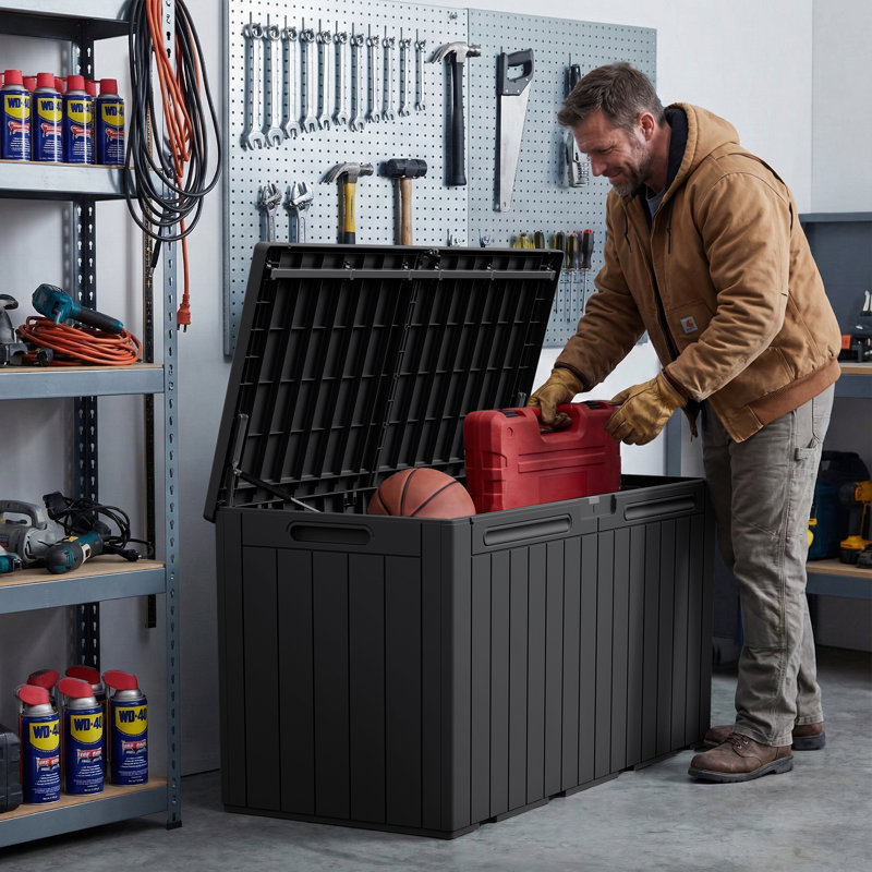 Boîte de rangement verrouillable intérieure et extérieure 100 gallons, grande boîte de rangement en résine résistante à l'eau