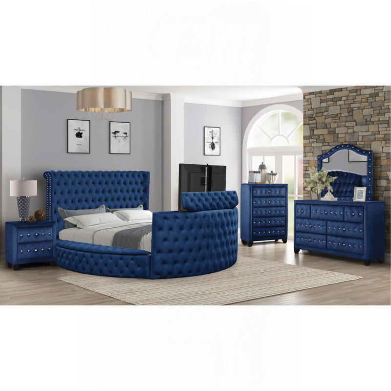 Lit capitonné en cristal de style moderne en bois, Bleu, Grand lit