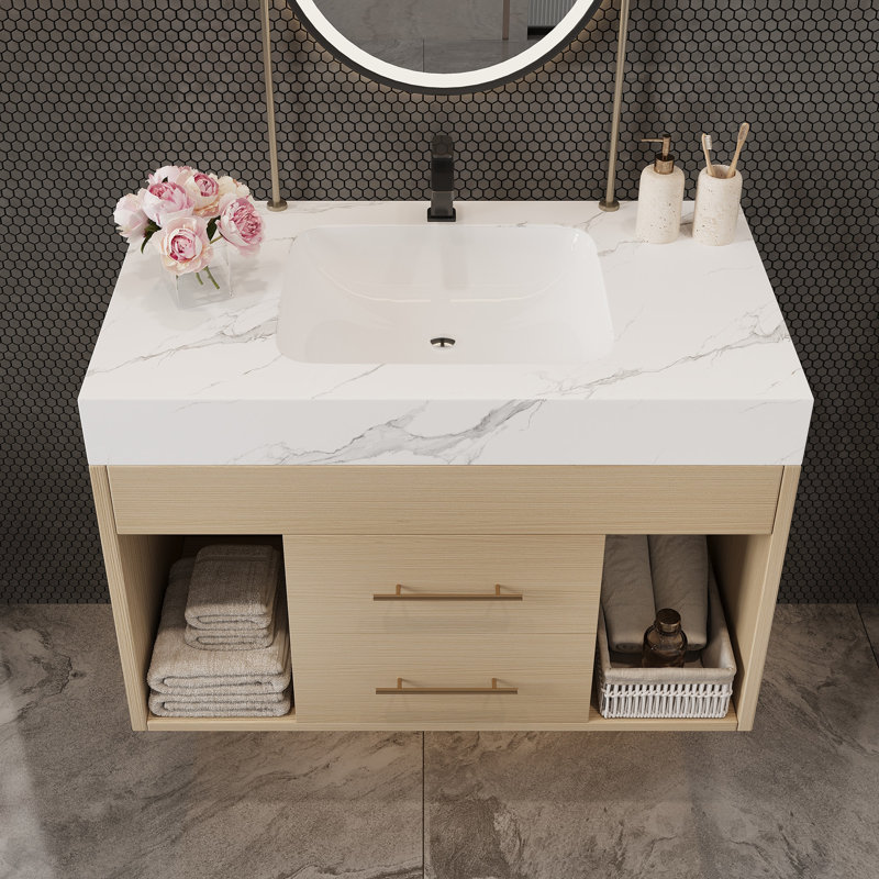 Meuble-lavabo flottant moderne avec comptoir en pierre frittée et comptoir en céramique, Bois, White