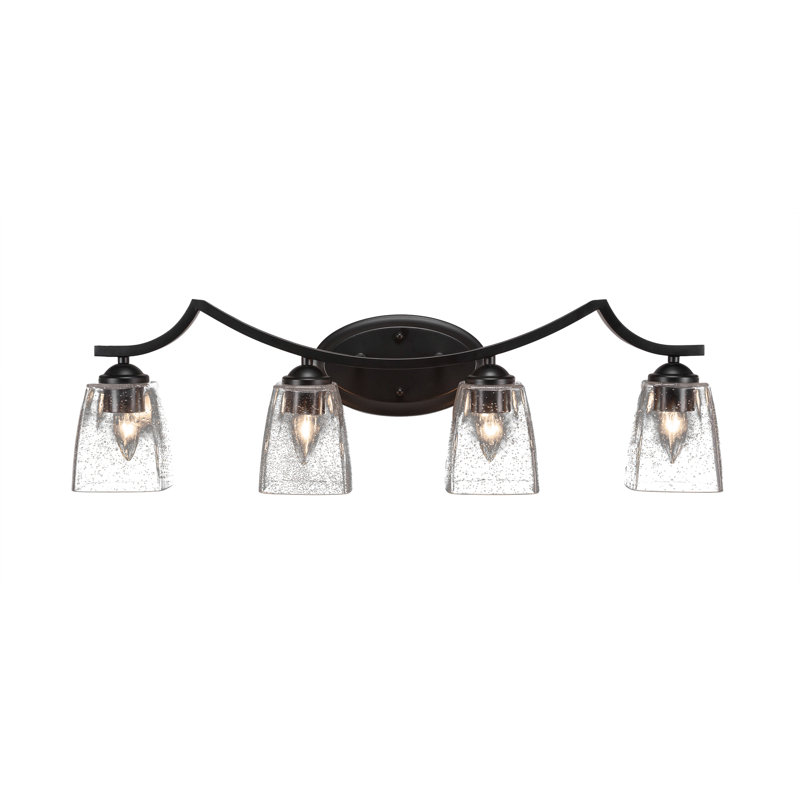 Zilo 4 Light Bath Bar Shown With 4.5” Square Clear Bubble Glass, Matte Black
