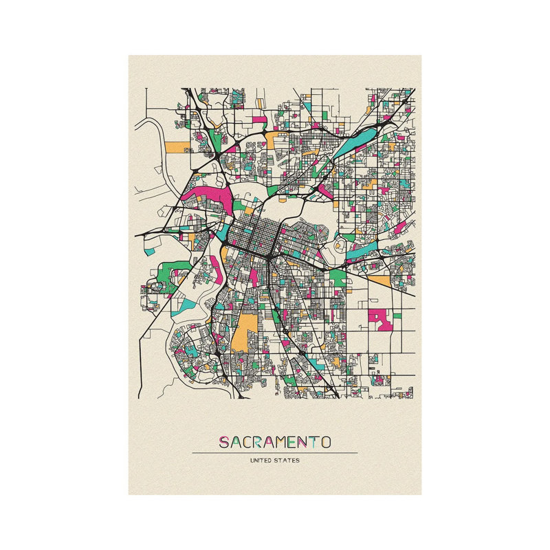 Sacramento, California Map 1 Piece Wrapped Canvas Wall Art, 152.5 cm H x 101.5 cm W