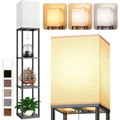 Lampe sur pied avec tablettes 3 ampoules DEL à abat-jour en lin blanc