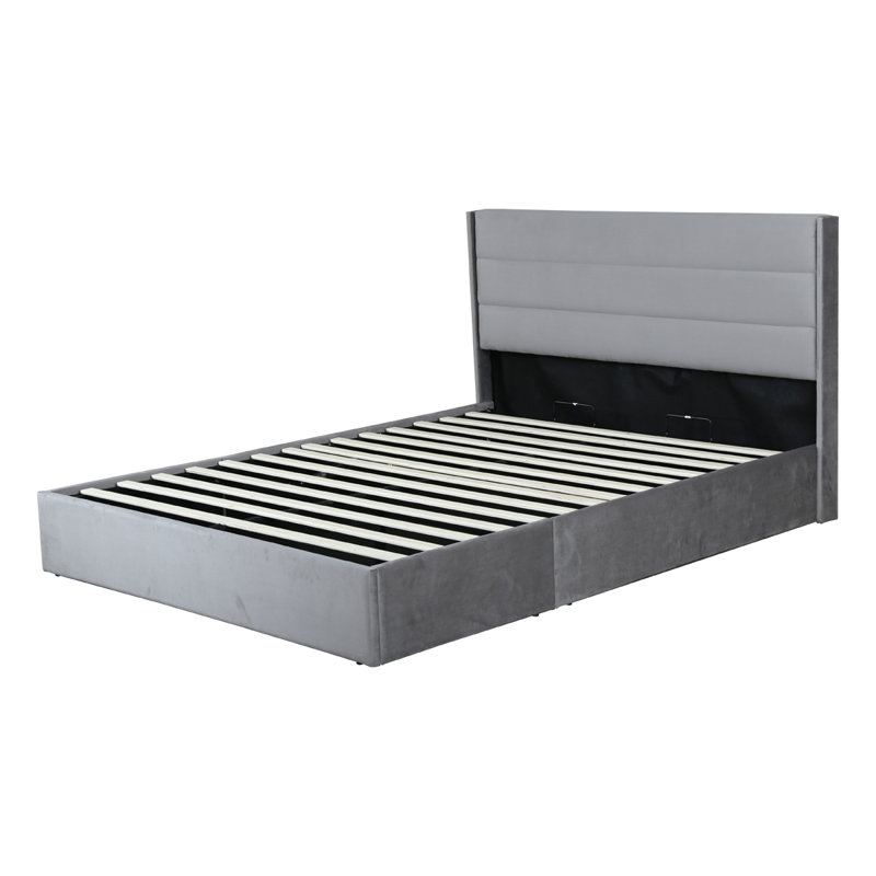 Full Gray Velvet Upholstered Storage Bed with Tufted Headboard