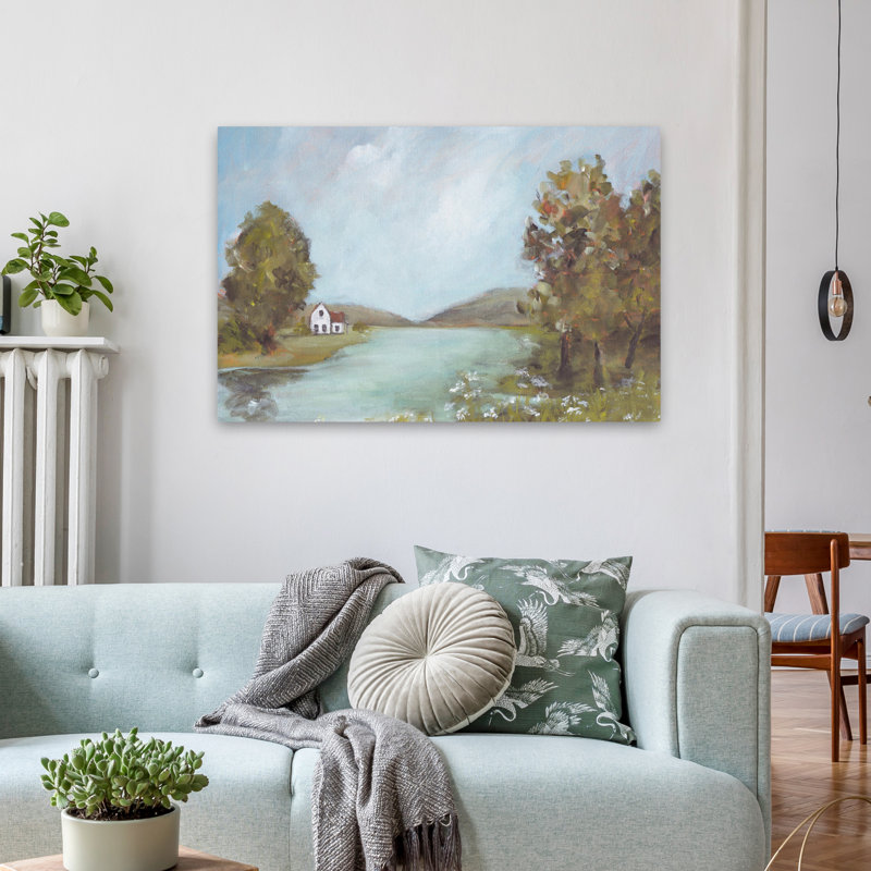 The Pond - Contemporary Lakeside House Calm Water Reflections Art, H 24 po x l 36 po