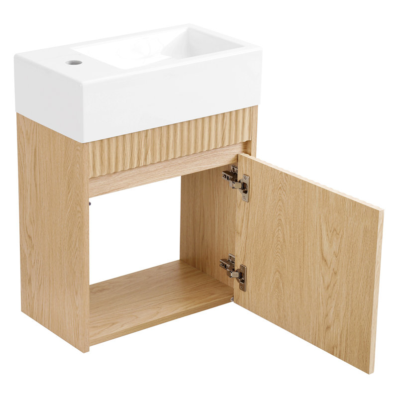 Meuble-lavabo flottant de 18,5 po avec lavabo et porte en résine gauche / droite, armoire en MDF, charnières à fermeture en douceur sans poignée, conception murale peu encombrante.
