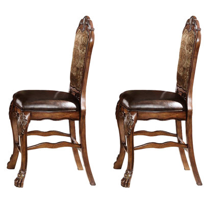 Chaises à hauteur de comptoir beige et chêne cerisier (2) - Conception élégante avec sculptures de pieds, sièges rembourrés, dossier floral assorti pour tables de salle à manger de 2 îlots de cuisine en bois