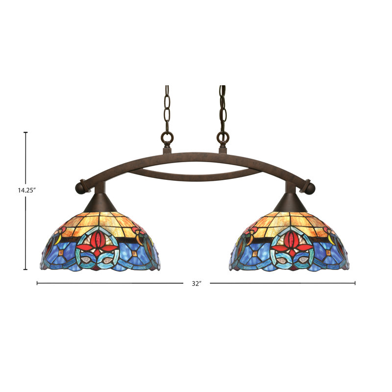 Luminaire pour îlot 2 lumières Bow avec verre d'art 12 ", Beige / bleu / orange, Bronze