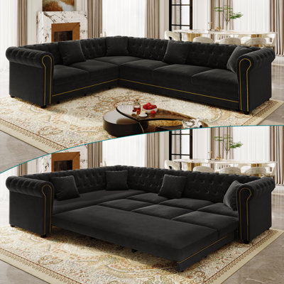 Canapé en L 115,3 po avec lit escamotable, canapé-lit convertible surdimensionné, canapé capitonné en velours, accoudoirs roulés à garniture dorée, canapé de luxe surdimensionné à assise profonde avec coussins décoratifs, gris foncé