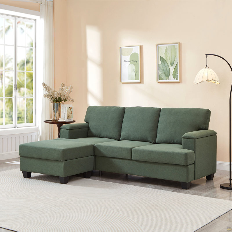 86'' L Shaped Couch With Armrest Organizer,3 Seats Sofas With Movable Ottoman, Sectional Sofa With Thick Cushion,Linen Sectional Couches