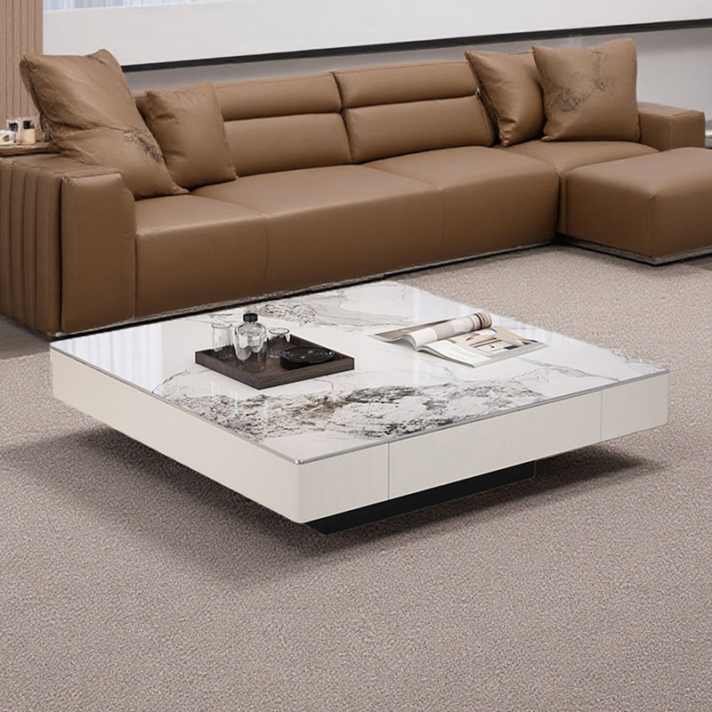 Table basse italienne de luxe moderne, Blanc, Blanc / Gris, 15" H x 47.24" L x 47.24" W