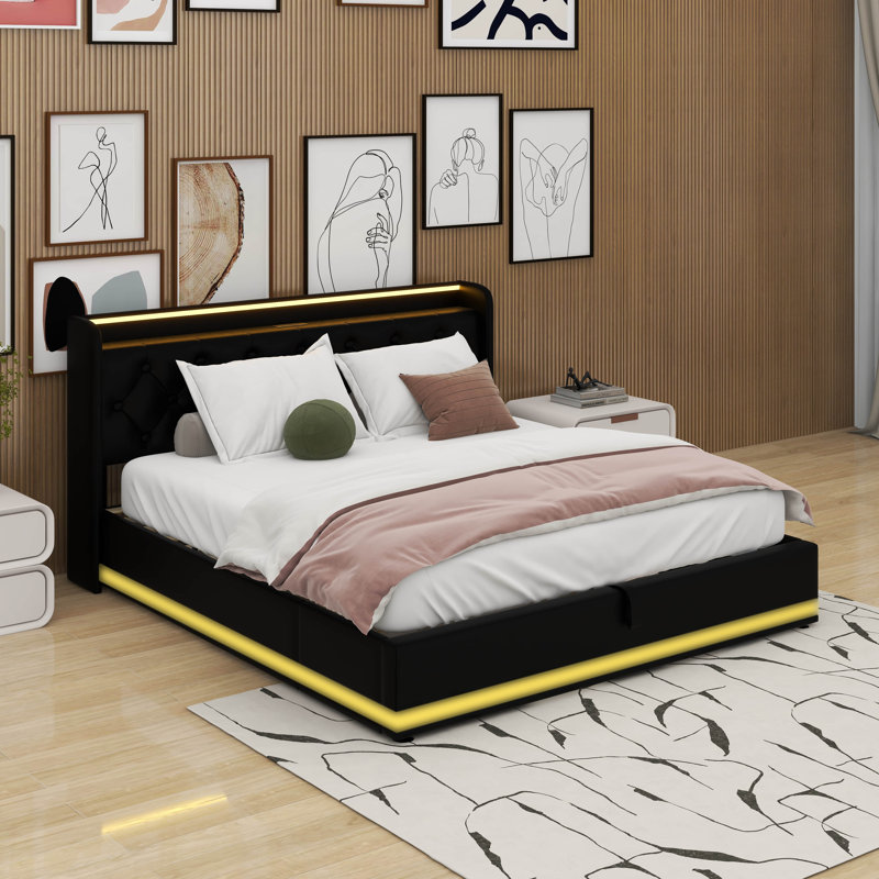 Upholstered Bed, 360 Surround LED Function, Buttons/Apps/Remote Control, Hydraulic Storage Bed With USB Type-C Charging, King