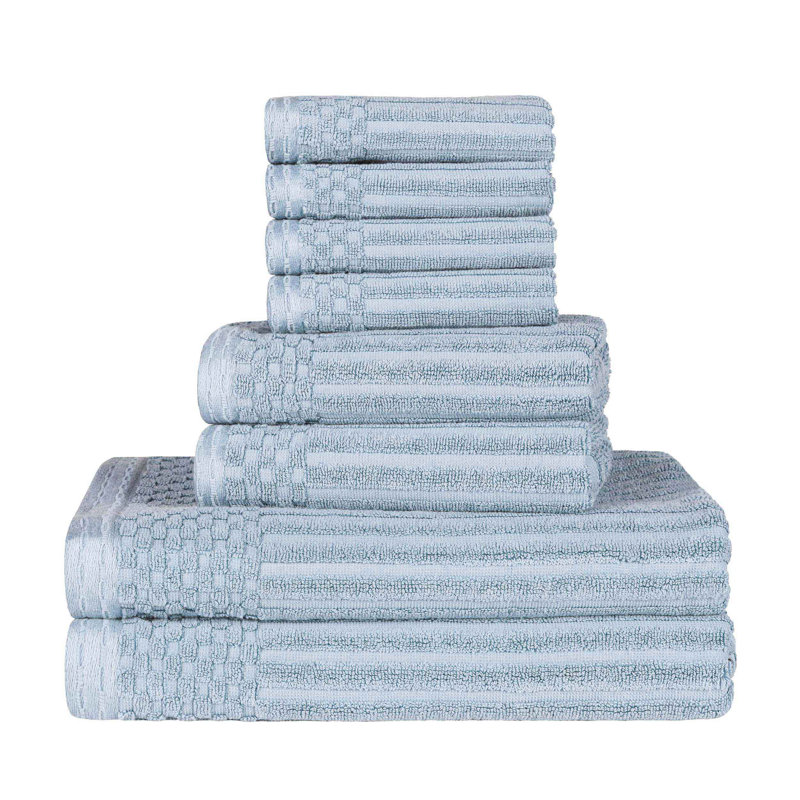 Ruvins Cotton Highly Absorbent 8-Piece Solid and Checkered Border Towel Set, Slate Blue
