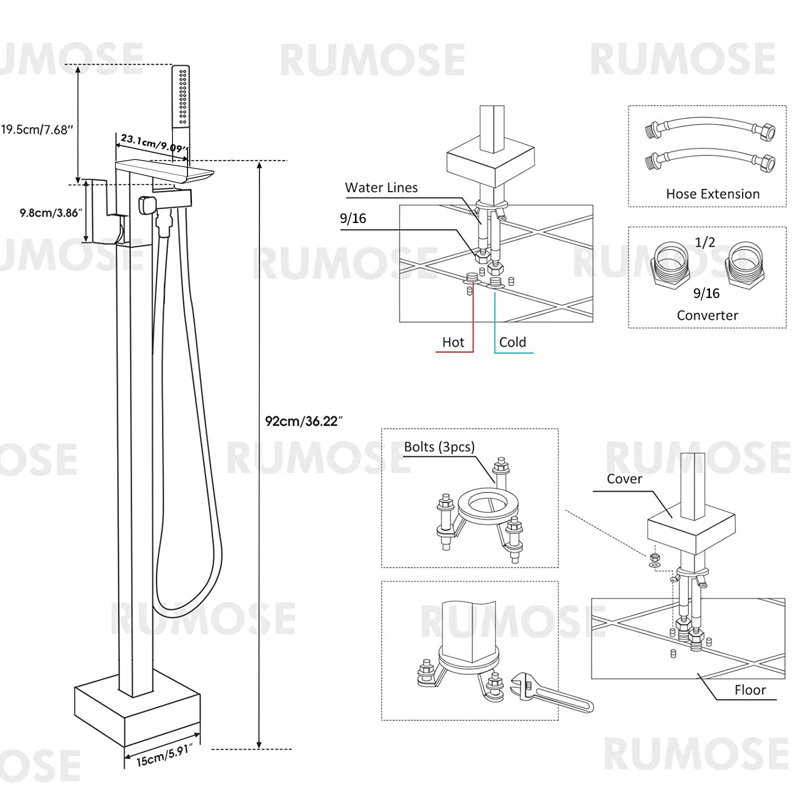 Floor Mount Tub Filler Freestanding Bathtub Faucet with 2 Function Handheld and Diverter, Solid Brass Tub Faucet