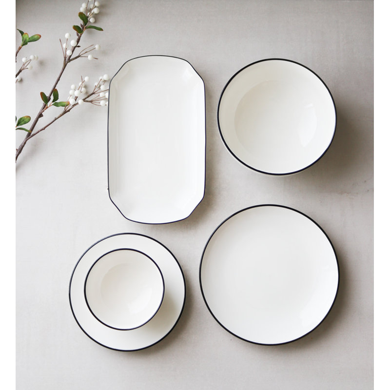 "The Minimalist Collection" White with Black Trim - Five Piece Dinnerware Set
