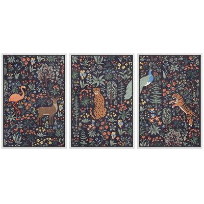 Whimsical Woodland Animals and Botanical Pattern Illustration - Pictures Framed Canvas Print Wall Art