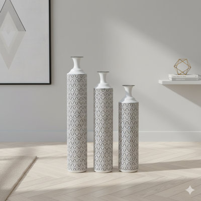 A Set Of Three Metal Floor Vases (33.85, 29.13, 24.81 Inches) With A Semi-Handcrafted Geometric Pattern. These Tall Metal Vases Are Suited For Home, Living Room, Or Office Decor, And Make An Ideal Mother's Day Gift.