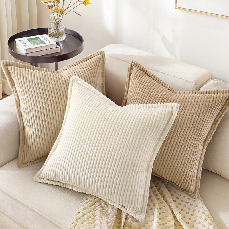 Corduroy Soft Throw Pillow Covers. Striped Textured Square Pillowcases Neutral Home Decor for Couch Sofa Bed Living Room (Pack of 2）