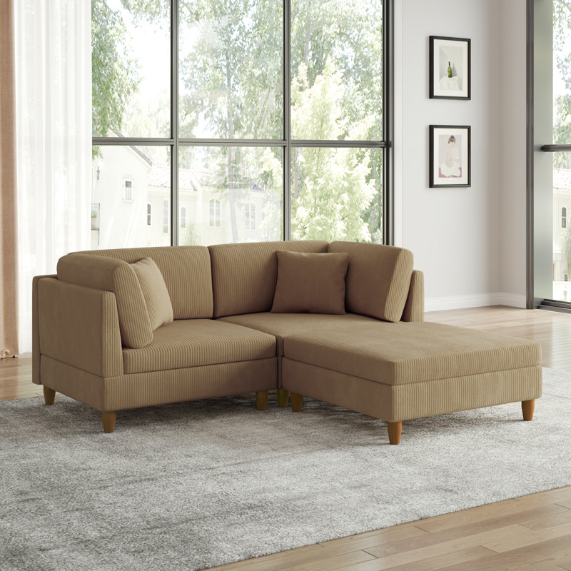 Seemab 3 - Piece Upholstered Camel Corduroy Modular Sectional with Pillow Back and Removable Ottoman, Camel