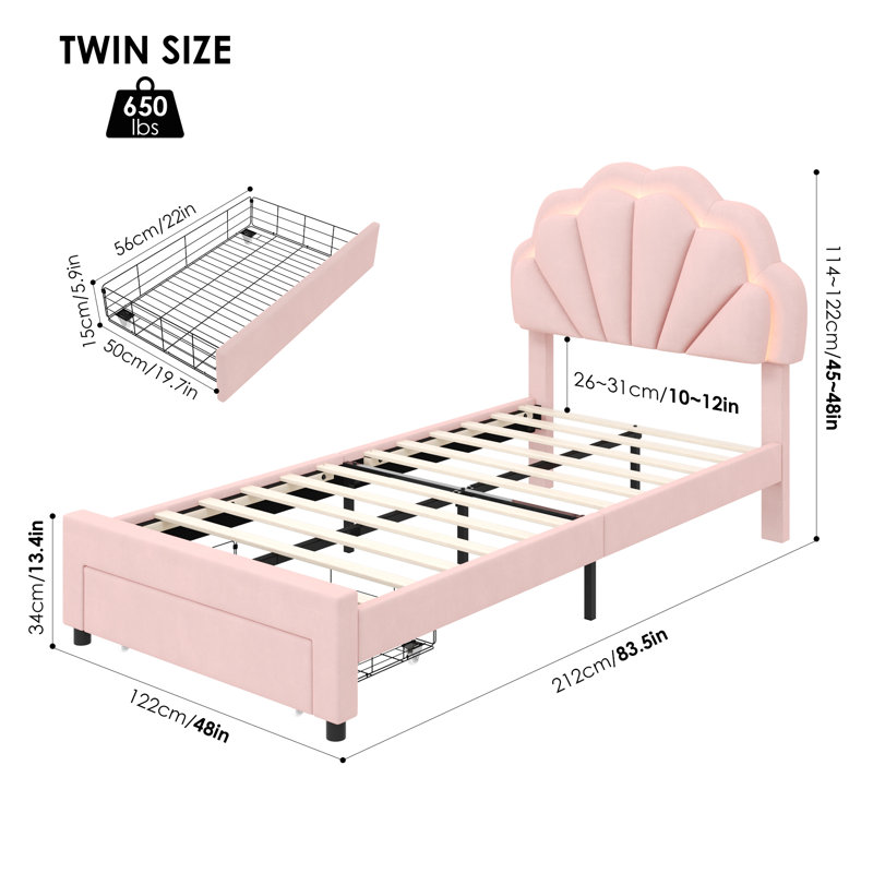 Burlyn Upholstered LED Bed Frame with Drawer & Adjustable Headboard, Pink, Twin
