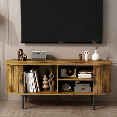 Meuble télé, console de télévision moderne de 47 po avec compartiment de rangement et porte coulissante, centre de divertissement pour jeux vidéo avec armoire pour salon, chambre à coucher, bureau