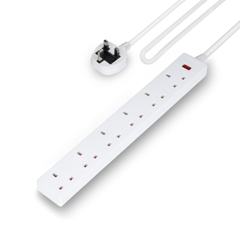 GEEPAS 6 Gang Extension Lead, 1M Cable | 6-Way Plug Extension Cable With Neon Indicator Light | Wall Mountable & Multi Socket Mains Strip For Home Bedroom Office | Heavy Duty UK Plug | White