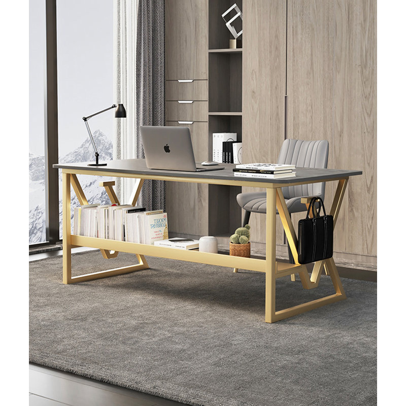 Rectangular Sintered Stone Tabletop Desk, Gray, 29.53" H x 55.12" W x 27.56" D, Gold