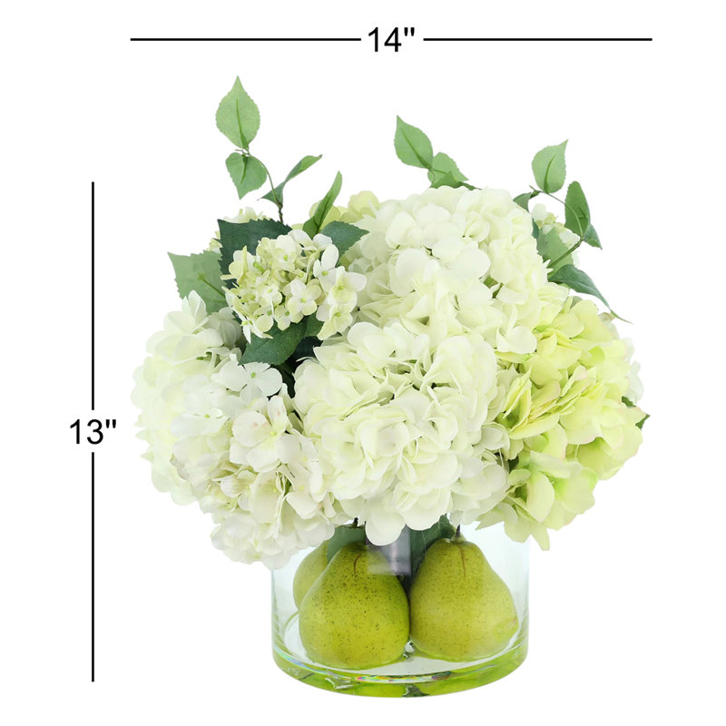 Assorted Hydrangeas, Pears And Acrylic Water In A Glass Round Vase.