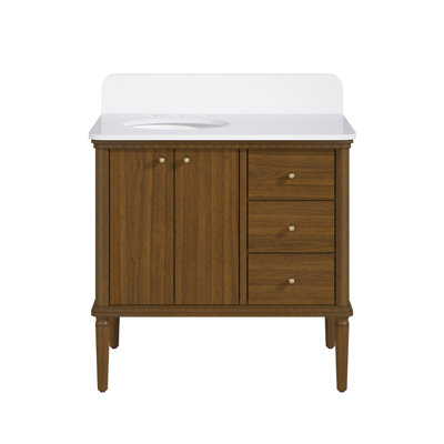 OVE Helena 36 in. Single Sink Bathroom Vanity in Warm Walnut with White Engineered Stone Top, Brushed Gold Hardware